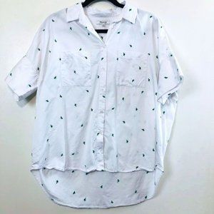 Madewell Oversize Short Sleeve White/Green Cactus Button Down Tee- Size Medium